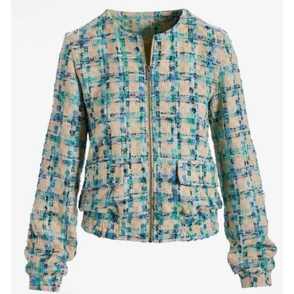 NWT Boston Proper XL Tweed Zip Bomber Lady Jacket Blue Green Cream Pockets - Picture 2 of 16